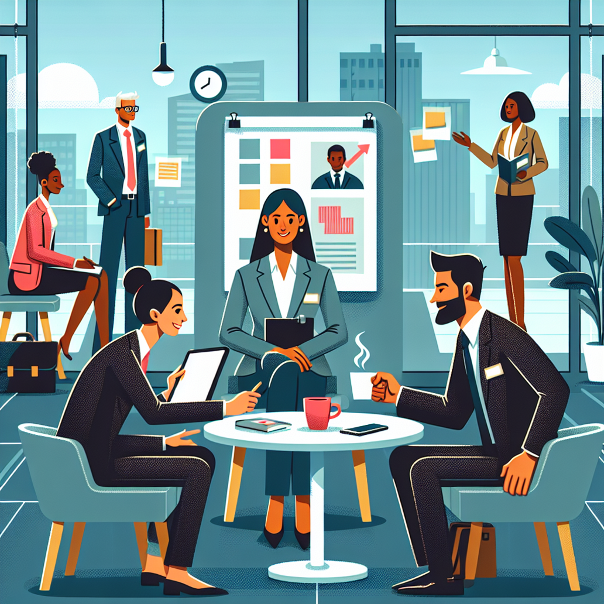 A diverse group of employees in a modern corporate setting, engaging in a productive job interview and collaborative discussion.