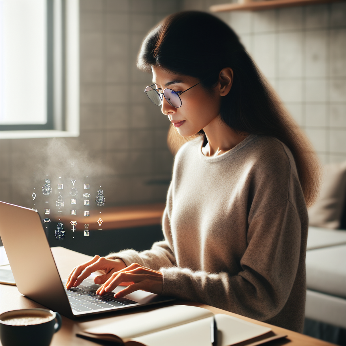 A woman of South Asian descent working at a tidy desk in a well-lit room with a laptop and a cup of coffee.