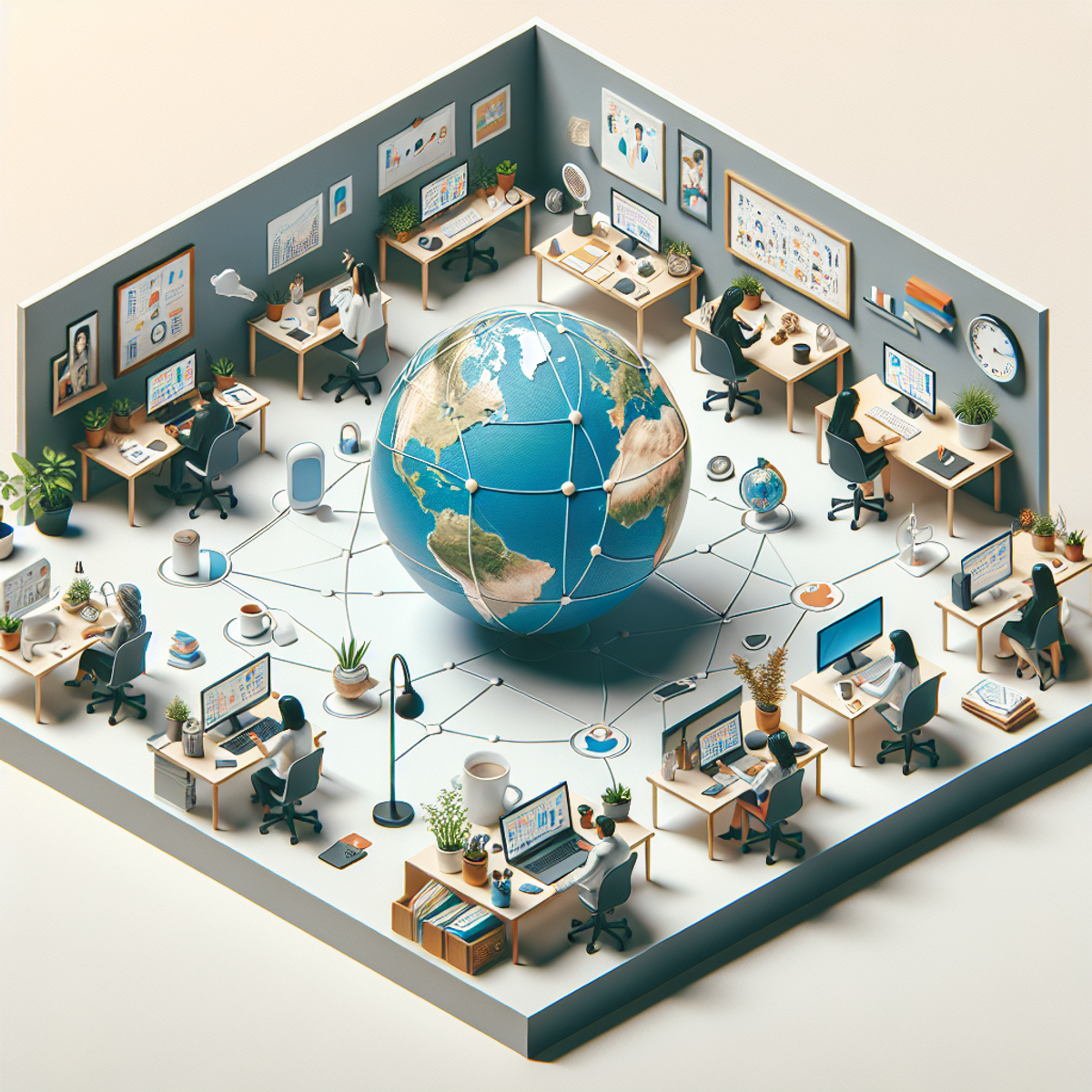 A simplified globe with virtual connection lines, symbolizing global reach. Several miniature traditional office spaces with a diverse group of employees engaging in different productive activities, such as sketching ideas on a board, typing on a keyboard, or speaking into a microphone. The scene includes laptops, coffee mugs, notepads, and desk plants, suggesting a home office environment.
