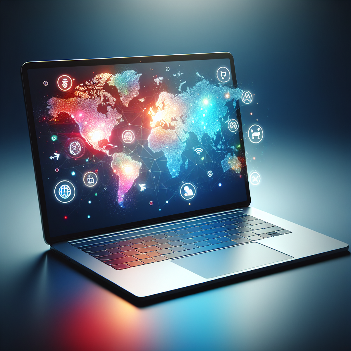 A modern laptop displaying a vibrant world map on its illuminated screen, surrounded by subtle symbols of technology.