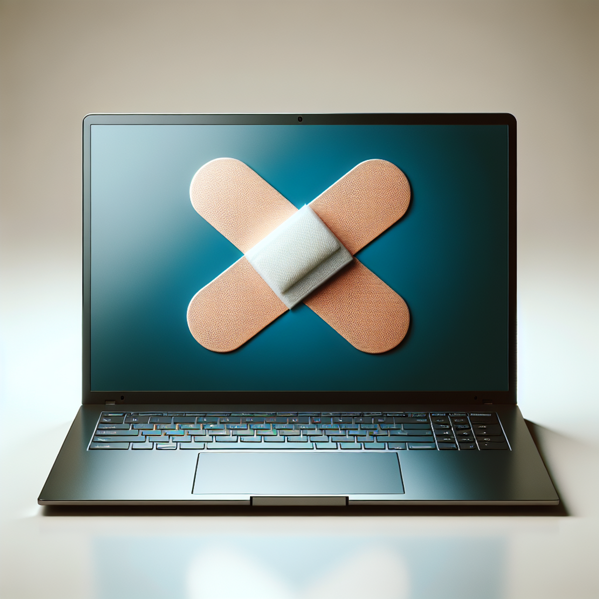 Alt text: A closed modern laptop with a symbolic bandage placed diagonally on the lid, representing the concept of workers' compensation for remote workers.