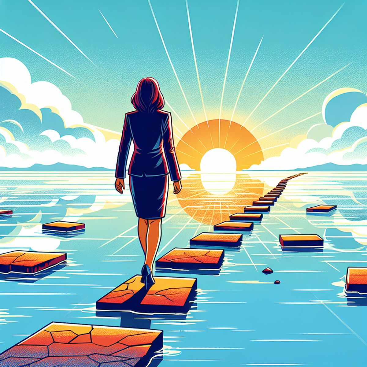 A South Asian woman confidently stepping onto a path made of stepping stones over water, with a rising sun and clear skies in the background.