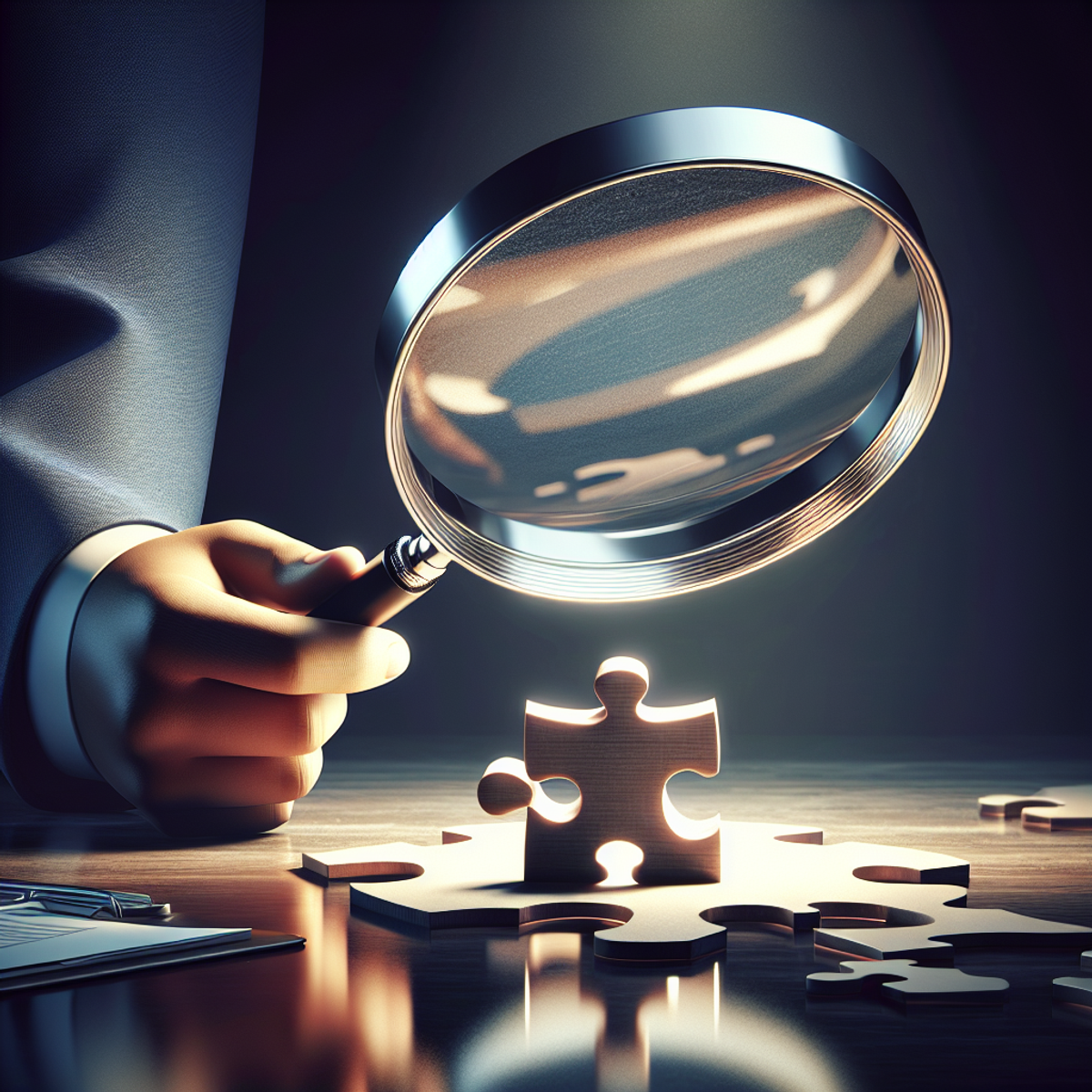 A close-up of a magnifying glass focused on a single jigsaw puzzle piece.