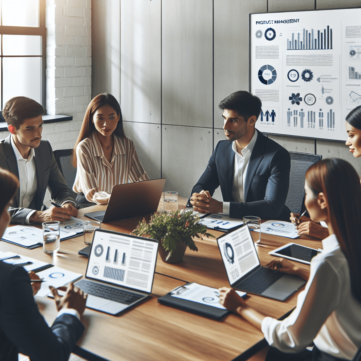 A diverse professional team seated around a sleek conference table, featuring a Caucasian woman, an Asian man, and a Hispanic woman. They are engaged